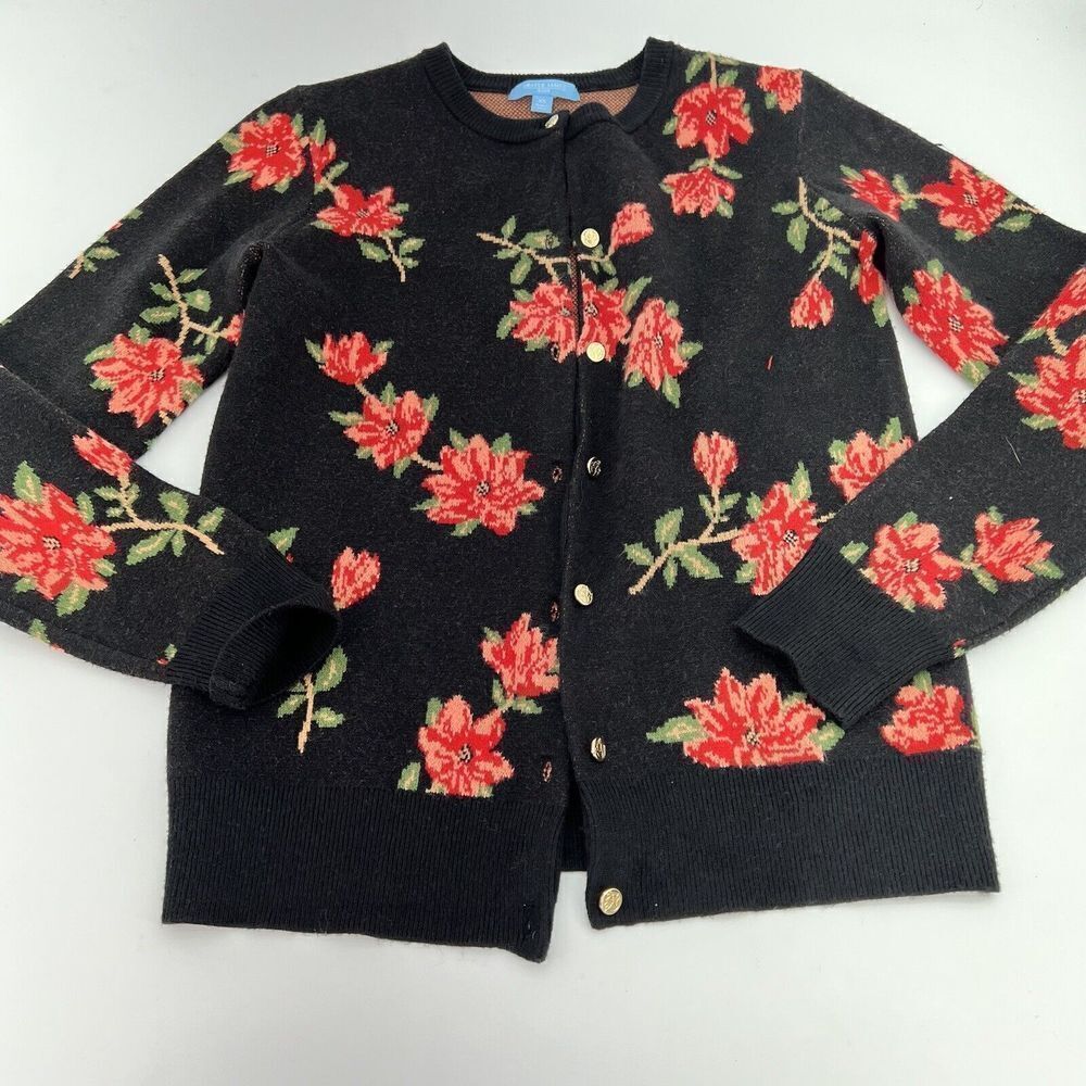 Draper James Sweater Red Poinsettia Flowers on Black Cardigan Size XS